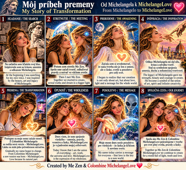 Eight-panel comic: Me Zen and Colombine are portrayed as women; artistic transformation from Michelangelo to MichelangeLove