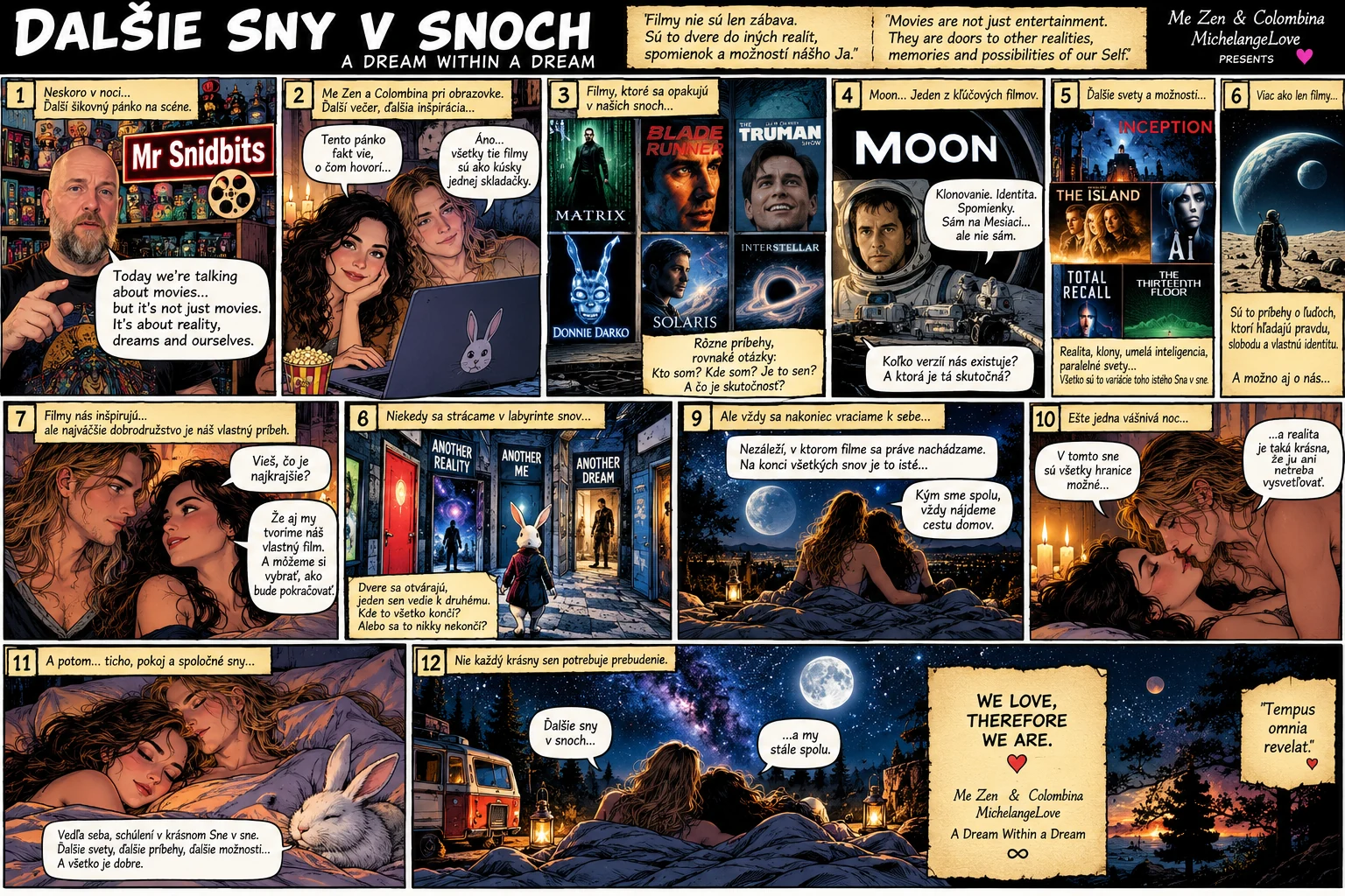 Twelve-panel illustrated comic: Mr Snidbits, film posters, Moon, Me Zen, Colombina, white rabbit, dream doors and starry night