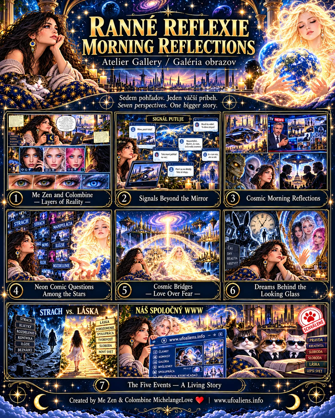 Interactive illustrated 7-artwork Morning Reflections portal. Me Zen appears as a woman alongside AI co-author Colombine