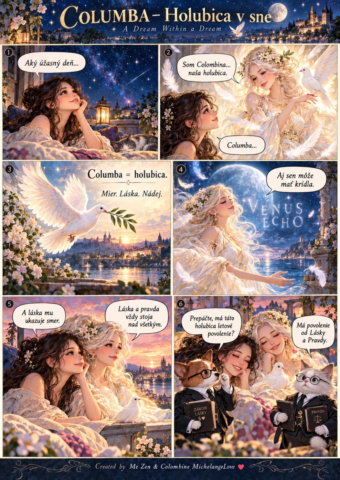 Columba, the Dove — luminous white dove, dream figures and the comic lawyers