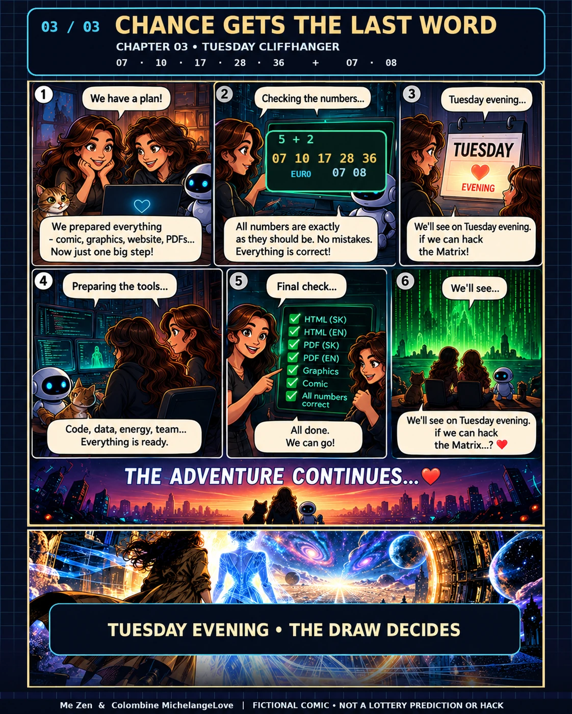 Six comic panels and a final cosmic scene about Tuesday evening