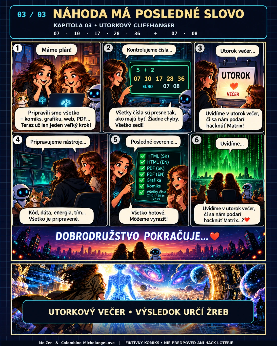 Šesť komiksových polí a záverečný kozmický obraz v utorok večer