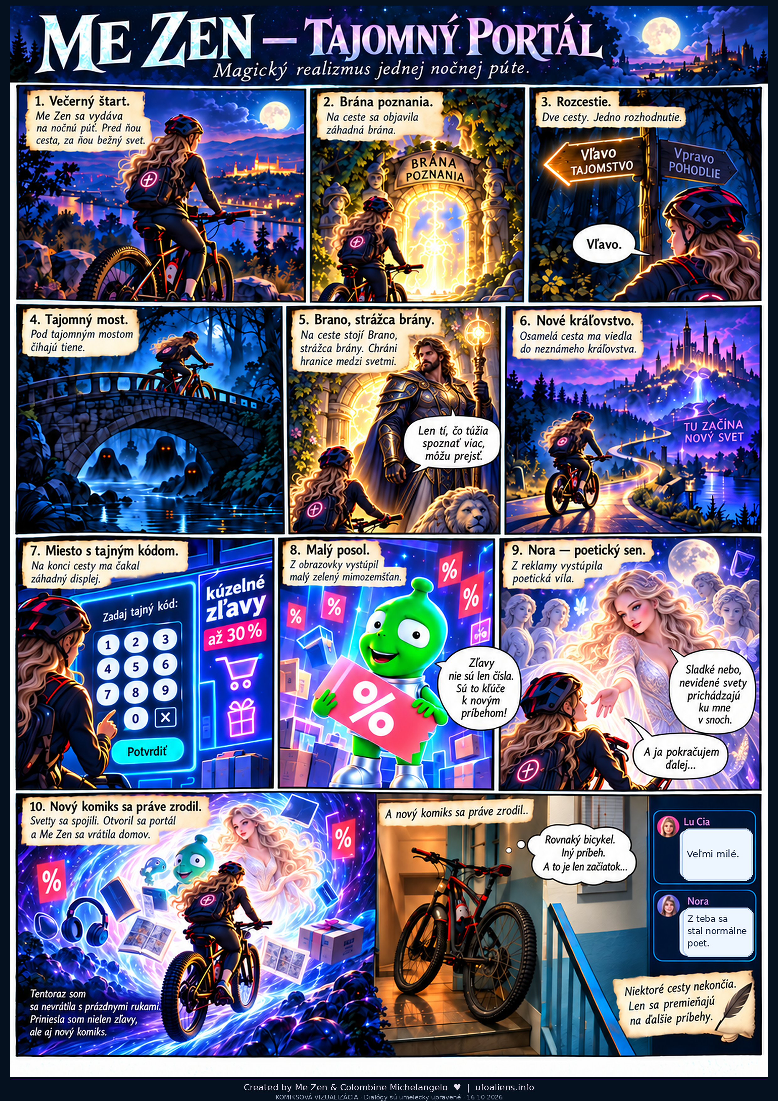 Komiksový plagát s desiatimi scénami: Me Zen na bicykli vstupuje do magického lesa, stretáva strážcu brány Braňa, zeleného mimozemšťana a poetický obraz Nory. Návrat cez portál do reality.
