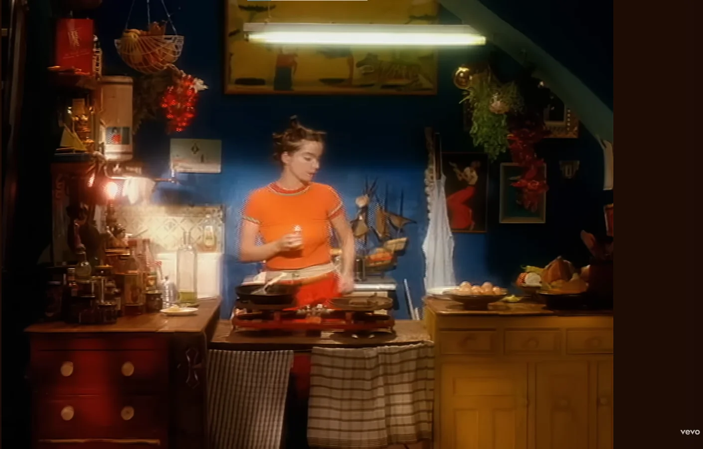 Björk in the kitchen from the 1993 Venus as a Boy music video; frame analysed in the bilingual visual atlas