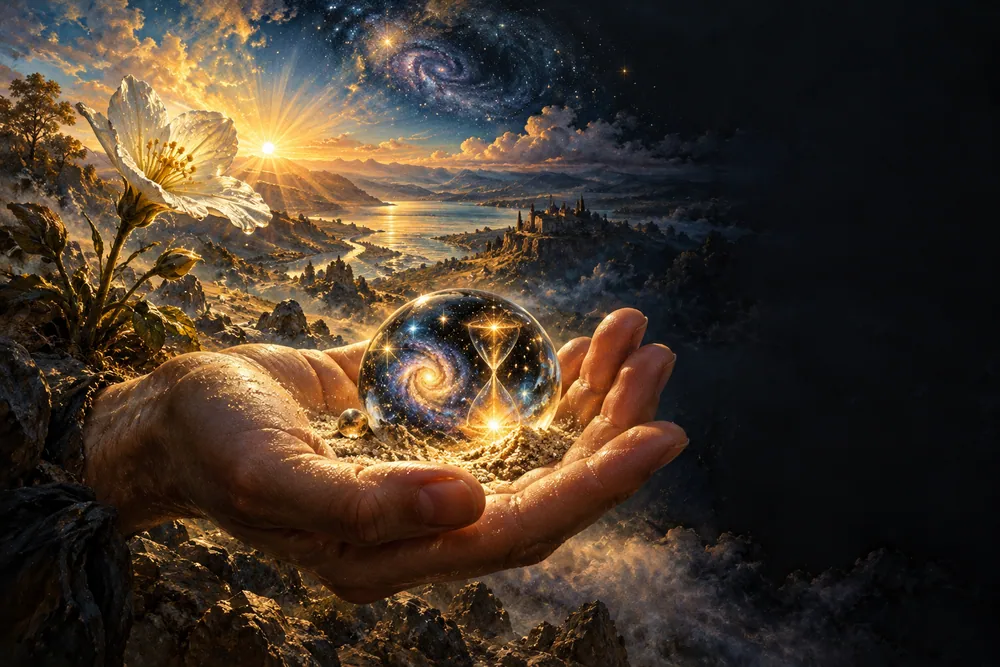 William Blake — a star-filled universe in an open hand beside a flower